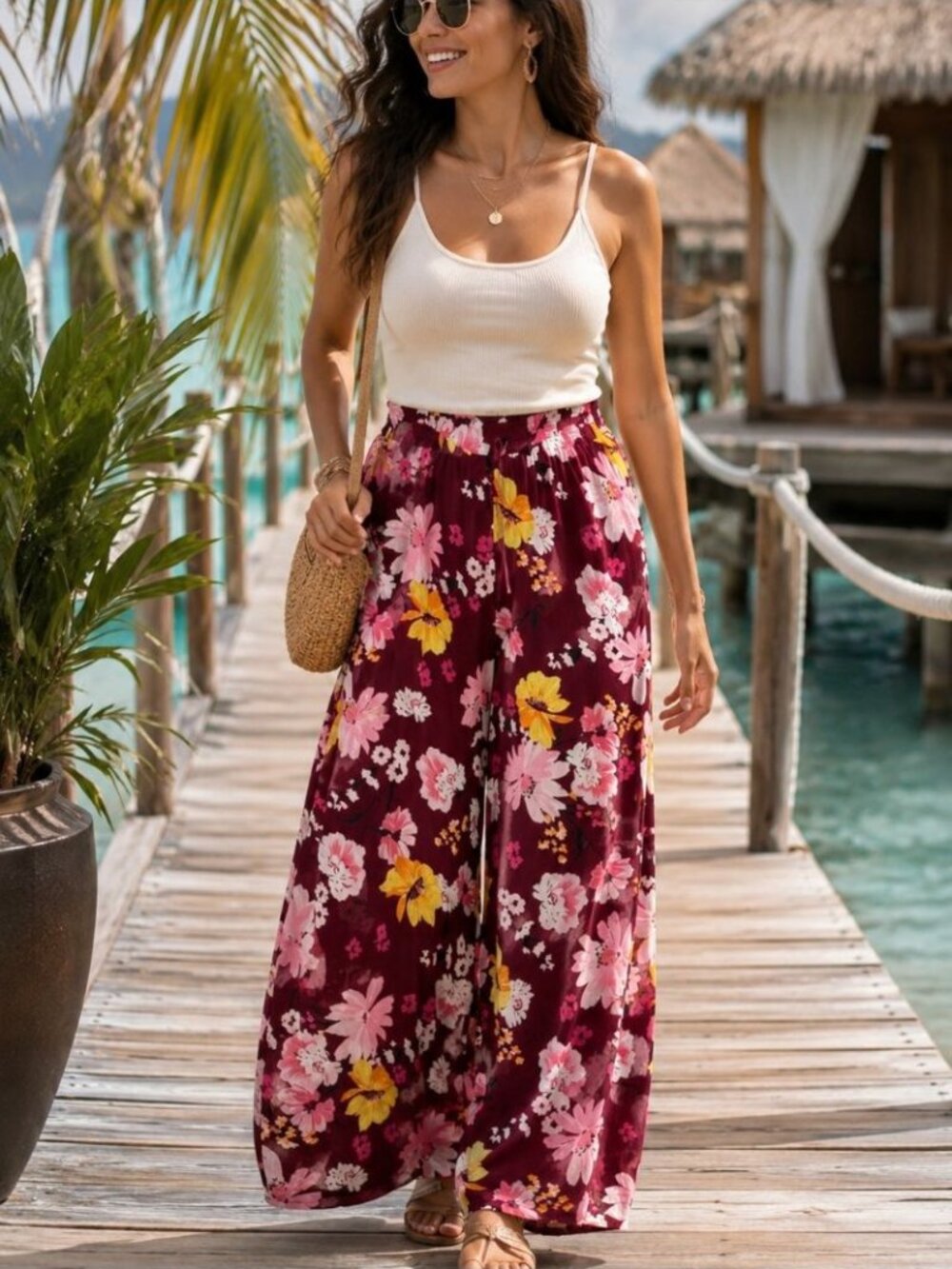 Soaked In Luxury Wide Leg Floral Pull On Pants Large Boho Vacation resort Summer